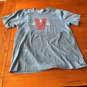Men's Blue Graphic Tee with Red V Design